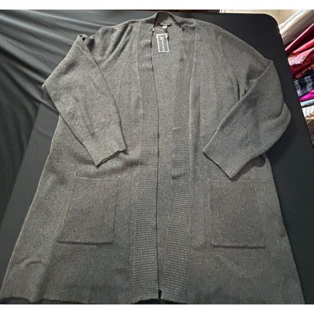 NWT Cable & Gage Sweater Cardigan 2X Plus Charcoal Gray Ribbed Pockets Open
